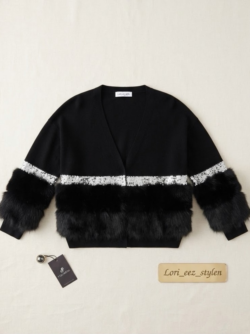 Black V-Neck Cardigan with Sequin Band and Faux-Fur Trim